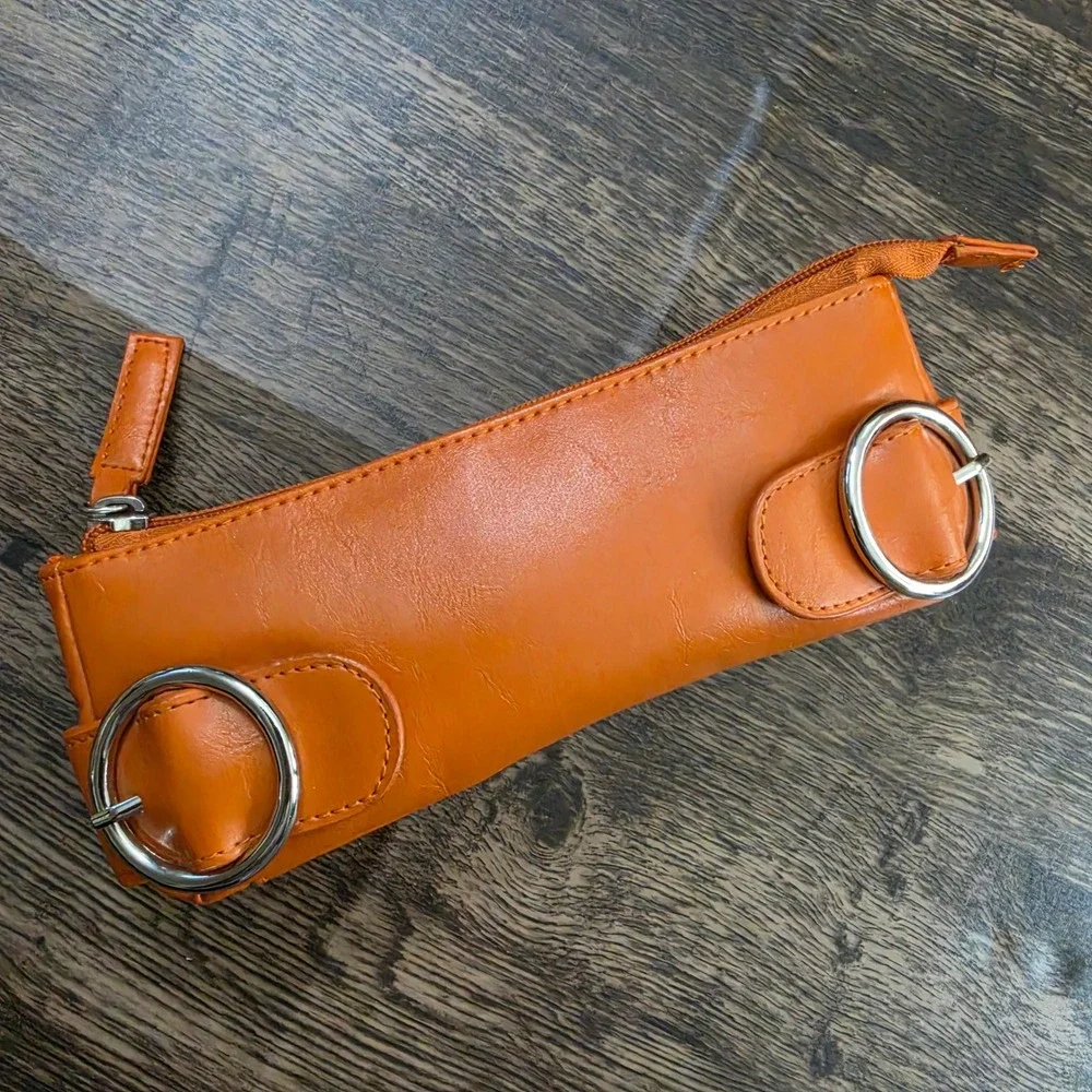 VINTAGE Nordstrom‎ Makeup Pouch Women Small Orange Faux Leather Silver Buckle